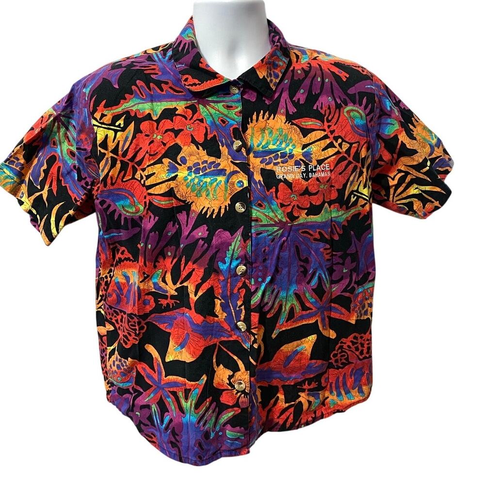 Toucan Dance Tropical Blue, Red & Orange Floral Button-Down Shirt Men’s Large